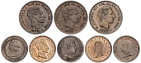 PESETA SYSTEM: LOTS
Lote 8 monedas 2 (5) y 5 Céntimos (2). 1870 a 1912. GOBIERNO PROVISIONAL, ALFONSO XII y XIII. Incluye 2 Céntimos 1970 O.M., 1904 ...