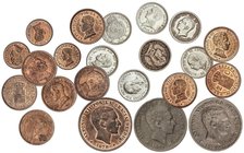 PESETA SYSTEM: LOTS
Lote 22 monedas 1 (3), 2 (9), 10 (3) y 50 Céntimos (7). 1878 a 1926. A EXAMINAR. MBC- a SC.