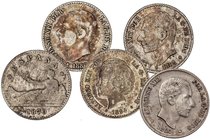 PESETA SYSTEM: LOTS
Lote 5 monedas 50 Céntimos (4) y 10 Centavos de Peso. 1870 a 1885. GOBIERNO PROVISIONAL, ALFONSO XII y XIII. AR. 50 Céntimos 1870...