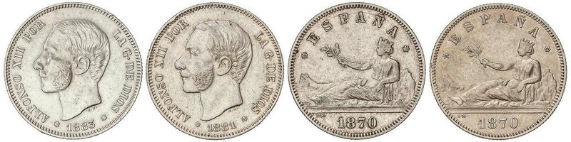 PESETA SYSTEM: LOTS
Lote 4 monedas 2 Pesetas. I REPÚBLICA y ALFONSO XII. 1870 (...