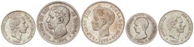 PESETA SYSTEM
Lote 5 monedas 2, 5 Pesetas (2) y 50 Centavos de Peso (2). 1875 a 1898. ALFONSO XII y ALFONSO XIII. 2 Pesetas 1892 (*_-_) P.G.-M, MBC-,...