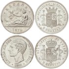 PESETA SYSTEM: LOTS
Lote 2 monedas 5 Pesetas. 1870 y 1877. GOBIERNO PROVISIONAL y ALFONSO XII. 1870 (*18-70) S.N.-M y 1877 (*18-77) D.E.-M. (La de 18...