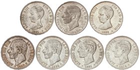 PESETA SYSTEM: LOTS
Lote 7 monedas 5 Pesetas. 1878 a 1891. ALFONSO XII y ALFONSO XIII. 1878 D.E.-M, 1881, 1882, 1884, 1885 (*18-87) M.S.-M., 1888 M.P...