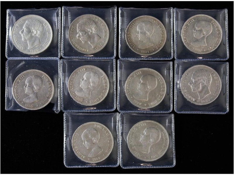 PESETA SYSTEM: LOTS
Lote 10 monedas 5 Pesetas. 1884 a 1891. ALFONSO XII y XIII....