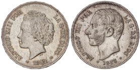 PESETA SYSTEM: LOTS
Lote 2 monedas 5 Pesetas. 1885 y 1892. ALFONSO XII y XIII. 1885 (*18-87) M.P.-M. y 1892 (*18-92) P.G.-M. tipo Bucles. MBC+.