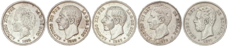 PESETA SYSTEM: LOTS
Lote 5 monedas 5 Pesetas. 1871, 1876, 1883, 1885, 1892. AMA...