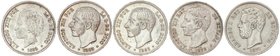 PESETA SYSTEM: LOTS
Lote 5 monedas 5 Pesetas. 1871, 1876, 1883, 1885, 1892. AMADEO I, ALFONSO XII y ALFONSO XIII. Estrellas visibles, 1876 variante f...