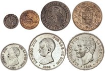 PESETA SYSTEM: LOTS
Lote 7 monedas 1, 2, 10 Céntimos (2), 2 y 5 Pesetas (2). 1870 a 1892. GOBIERNO PROVISIONAL, ALFONSO XII y XIII. AE y AR. 1, 2 y 1...