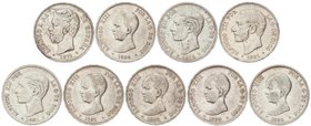PESETA SYSTEM: LOTS
Lote 9 monedas 5 Pesetas. 1871 a 1892. 1871 (*18-74) D.E.-M. (EBC-), 1879 (*18-79) E.M.-M., 1881 (*18-81) M.S.-M., 1882 (*18-82) ...