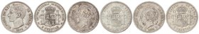 PESETA SYSTEM: LOTS
Lote 3 monedas 5 Pesetas. 1876, 1893 (2). ALFONSO XII y XIII (2). D.E-M. Y P.G-V (2). 1876 Variante fondo del pabellón de la orej...