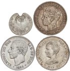 PESETA SYSTEM: LOTS
Lote 4 monedas 5 Pesetas (2), 1 Peso y 2 Reales. 1885, 1889, 1897 y S/F (1845). ALFONSO XII, XIII (2) y COSTA RICA. Incluye: 5 Pe...