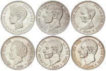 PESETA SYSTEM: LOTS
Lote 6 monedas 5 Pesetas. 1882 a 1898. ALFONSO XII y XIII. Incluye 1882/1 (18-81) M.S.-M. MBC-, 1884 (*18-84) M.S.-M. (limpiada) ...