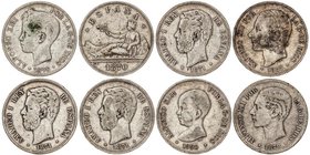 PESETA SYSTEM: LOTS
Lote 8 monedas 5 Pesetas. 1870 a 1898. GOBIERNO PROVISIONAL a ALFONSO XIII. 1870, 1871 (*71, 74 y 75), 1878, 1885, 1890 y 1898. M...
