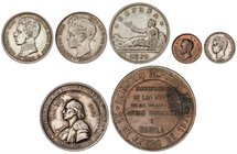PESETA SYSTEM: LOTS
Lote 3 monedas 1 (2) y 2 Pesetas y 4 medallas. 1869 a 1903. GOBIERNO PROVISIONAL, ALFONSO XII y XIII. AE y AR. Incluye 1 Peseta 1...