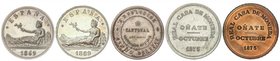 PESETA SYSTEM: LOTS
Lote 5 medallas reproducciones. 1869 a 1875. 5 Pesetas 1869 AR (2), 5 Pesetas Cantonal AR y Duro de Oñate (2) AE + AR. Todas acuñ...