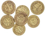 PESETA SYSTEM: LOCAL ISSUES OF THE CIVIL WAR
Lote 7 monedas 25(2) Céntimos y 1(5) Peseta. 1937. C.M. de MENORCA. Latón. (La mayoría limpiadas y una c...
