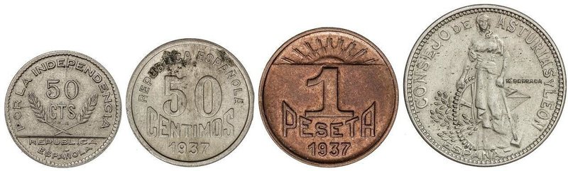 PESETA SYSTEM: LOCAL ISSUES OF THE CIVIL WAR
 Lote 4 monedas . CONSEJO DE ASTUR...