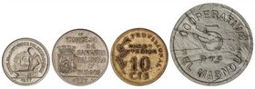 PESETA SYSTEM: LOCAL ISSUES OF THE CIVIL WAR
Lote 4 monedas 10, 50 Céntimos, 1 Peseta y ficha 5 Pesetas. 1937, (1939) y S/F (Guerra Civil). CAZALLA D...
