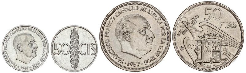 PESETA SYSTEM: ESTADO ESPAÑOL
Lote 2 monedas 50 Céntimos y 50 Pesetas. 1966 y 1...