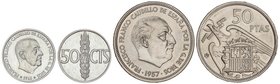 PESETA SYSTEM: ESTADO ESPAÑOL
Lote 2 monedas 50 Céntimos y 50 Pesetas. 1966 y 1957 (*70). Las dos procedente de tira F.N.M.T. (La de 50 Céntimos 2ª e...