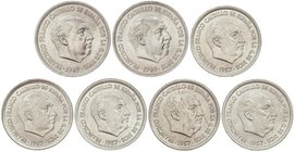 PESETA SYSTEM: ESTADO ESPAÑOL
Lote 7 monedas 5 (2) y 50 Pesetas (2). 1949 y 1957. 5 Pesetas 1949 (*19-49 y 19-50) y 50 Pesetas 1957 (*58, 59, 60, 67 ...