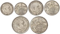 PESETA SYSTEM: ESTADO ESPAÑOL
Serie 3 monedas 5, 25 y 50 Pesetas. 1957 (*BA). I Exposición Iberoamericana de Numismática y Medallística. Barcelona 19...
