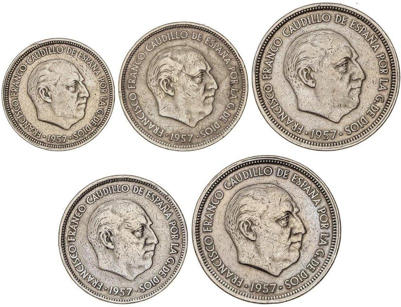 PESETA SYSTEM: ESTADO ESPAÑOL
Lote 5 monedas 5, 25 (2) y 50 Pesetas (2). 1957 (...