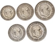 PESETA SYSTEM: ESTADO ESPAÑOL
Lote 5 monedas 5, 25 (2) y 50 Pesetas (2). 1957 (*BA). I Exposición Iberoamericana de Numismática y Medallística. Barce...