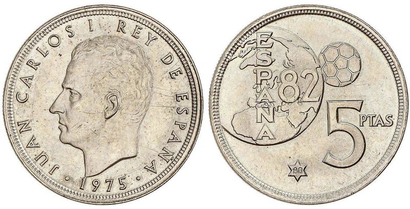 PESETA SYSTEM: JUAN CARLOS I
5 Pesetas. 1975 (*80). ERROR del Mundial. (Ligeras...