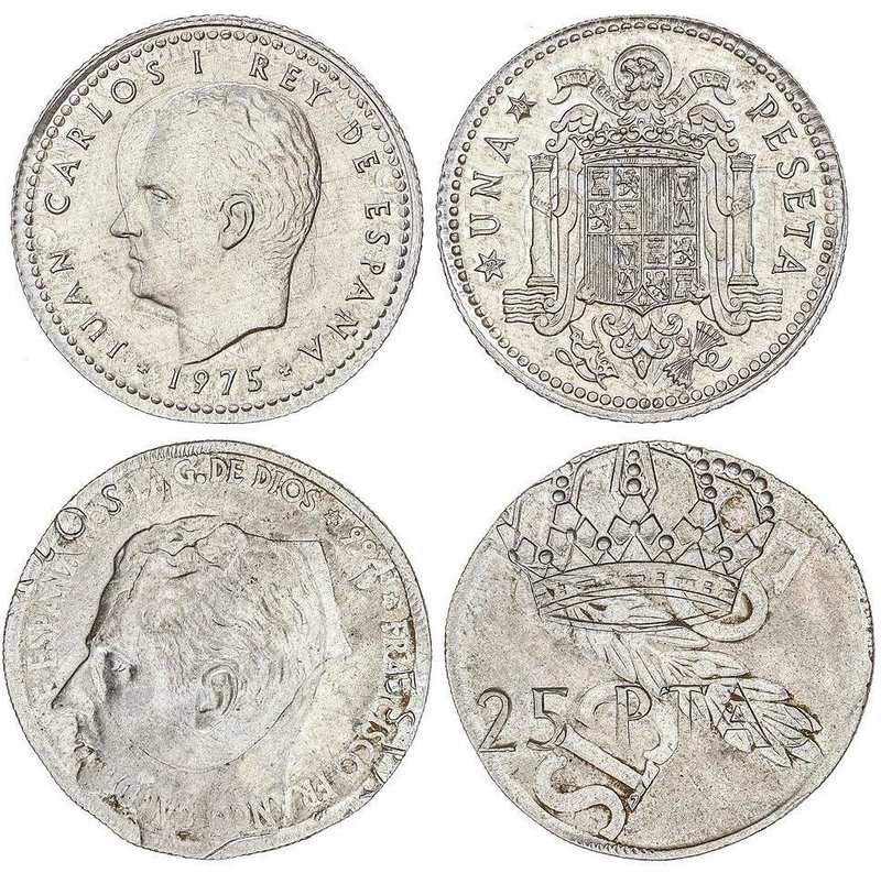 PESETA SYSTEM: JUAN CARLOS I
Lote 2 monedas 1 y 25 Pesetas. 1975. 1,10 y 0,97 g...