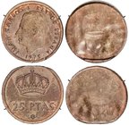 PESETA SYSTEM: JUAN CARLOS I
Lote 2 monedas 25 Pesetas. 1975. 4,70 y 4,56 grs. AE. ERROR: Una anverso anepígrado y la otra reverso anepígrafo. Ambas ...