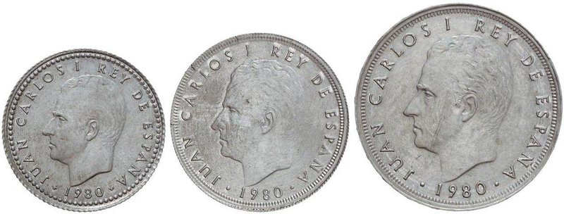 PESETA SYSTEM: JUAN CARLOS I
Lote 3 monedas de 1, 5 y 25 Pesetas. 1980 (*80). A...