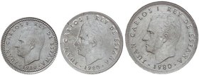 PESETA SYSTEM: JUAN CARLOS I
Lote 3 monedas de 1, 5 y 25 Pesetas. 1980 (*80). AR. ERROR: Acuñación en cospel de aluminio. A EXAMINAR. JBM-8.3.2d, 40....