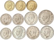 PESETA SYSTEM: JUAN CARLOS I
Lote 11 monedas 1 (3), 5 (3), 25 (4) y 50 Pesetas. 1975. Todas con ERROR: Reversos girados o Acuñaciones desplazadas. Ca...