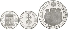 PESETA SYSTEM: JUAN CARLOS I
Lote 3 monedas 2.000 (2) y 10.000 Pesetas. 1993. AÑO SANTO JACOBEO. AR. Serie completa en plata: Cruz de Santiago y Vene...