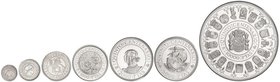 PESETA SYSTEM: V CENTENARIO
Serie 7 monedas 100, 200, 500, 1.000, 2.000, 5.000 y 10.000 Pesetas. 1989. AR. I Serie completa en plata. En estuches ori...