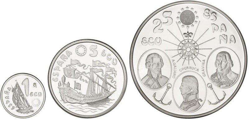 PESETA SYSTEM: ECU ISSUES
Lote 3 monedas 1, 5 y 25 Ecu. 1995. MARINA ESPAÑOLA. ...