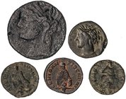 LOTS AND COLLECTIONS
Lote 5 monedas cobre. GRECIA ANTIGUA (2) e IMPERIO ROMANO (3). AE. Incluye 1/4 Calco Ocupación Cartaginesa en Sicilia Siglo III ...