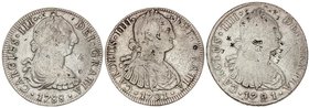 LOTS AND COLLECTIONS
Lote 3 monedas 8 Reales. 1788 y 1791 (2). CARLOS III y IV (2). 1788 México F.M., 1791 México F.M. y 1791 Lima I.J. Todos con res...