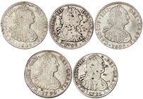 LOTS AND COLLECTIONS
Lote 5 monedas 8 Reales. 1786, 1791, 1795, 1801 y 1807. CARLOS III y CARLOS IV. MÉXICO y POTOSÍ (3). (1786 y 1791 con Resellos c...