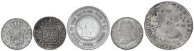 LOTS AND COLLECTIONS
 Lote 5 monedas 2 (2), 4, 8, 10 Reales . CARLOS III a FERNANDO VII. 2 Reales 1769 Madrid, 2 Reales 1828 Sevilla, 4 Reales 1811, ...