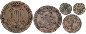 LOTS AND COLLECTIONS
Lote 5 monedas 2 Maravedís (2), 6 Cuartos, 8 Maravedís y Décima de Real. 1663 a 1853. FELIPE IV (2) e ISABEL II (3). AE. Felipe ...