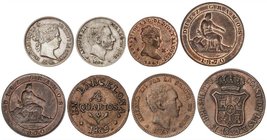 LOTS AND COLLECTIONS
Lote 8 monedas. s. XIX y XX. JOSE NAPOLEON, ISABEL II, GOB. PROVISIONAL, ALFONSO XII. AE y AR. 4 Quartos 1809, 6 Cuartos 1839, 4...