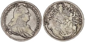 WORLD COINS: GERMAN STATES
Thaler. 1781-I.SCH. CARLOS TEODORO. MUNICH. BAVIERA. 27,76 grs. AR. (Pequeñas rayas de ajuste en reverso). Dav-1965; KM-56...