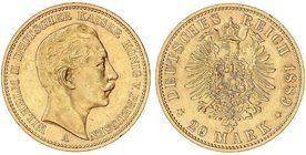 WORLD COINS: GERMAN STATES
20 Francos. 1889-A. GUILLERMO II. PRUSIA. BERLÍN. 7,95 grs. AU. Fr-3830; KM-516. EBC.