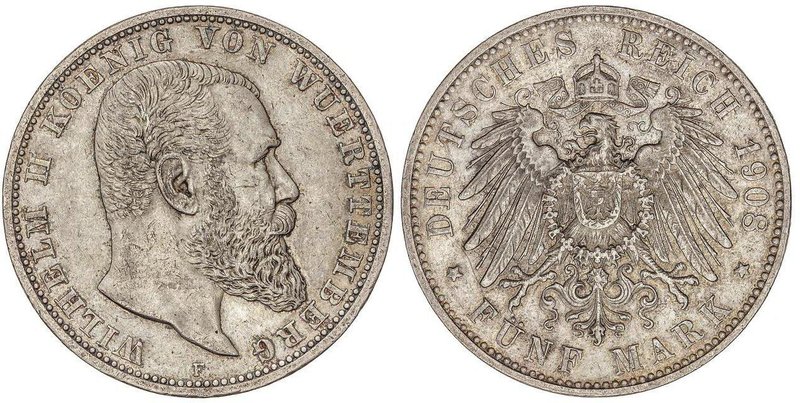 WORLD COINS: GERMAN STATES
5 Marcos. 1908-F. GUILLERMO II. WURTTEMBERG. 27,62 g...