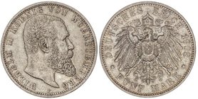 WORLD COINS: GERMAN STATES
5 Marcos. 1908-F. GUILLERMO II. WURTTEMBERG. 27,62 grs. AR. (Leves golpecitos). Pátina. KM-632. EBC-/EBC.