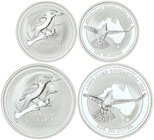 WORLD COINS: AUSTRALIA
Lote 4 monedas 1 (2) y 2 Dólares (2). 2002. AR. Kookaburra volando sobre mapa de Australia (2) y Kookaburra sobre rama (2). To...