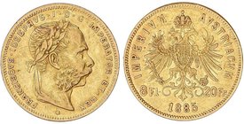 WORLD COINS: AUSTRIA
8 Florines-20 Francos. 1885. FRANCISCO JOSÉ I. 6,41 grs. AU. KM-2269. MBC+.