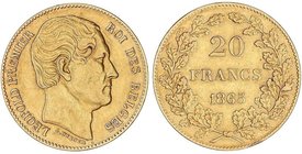 WORLD COINS: BELGIUM
20 Francos. 1865. LEOPOLDO I. 6,41 grs. AU. L. WIENER bajo el busto. Posición B. Fr-411; KM-23. MBC.